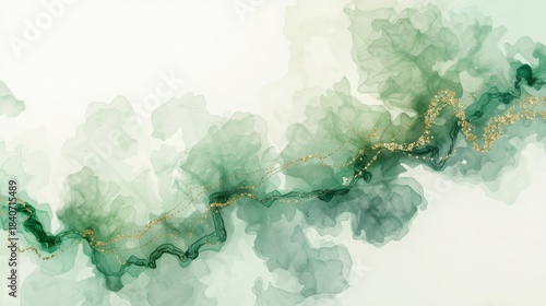 Abstract alcohol ink art featuring smooth plumes of flowing emerald green and pale sage colors, separated by a distinct, central metallic gold vein across a white background.