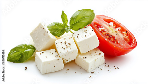 Feta cheese with tomato and basil leaves isolated on white background
