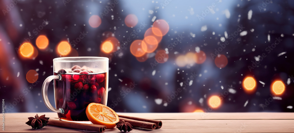© ink drop - A glass of festive spiced mulled wine against a winter background scene