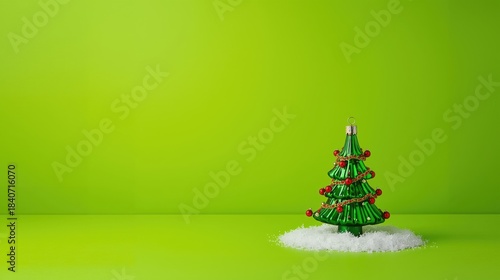 Minimalist studio shot of a tiny decorated Christmas tree on artificial snow against a solid, vibrant lime green background with extensive copy space.