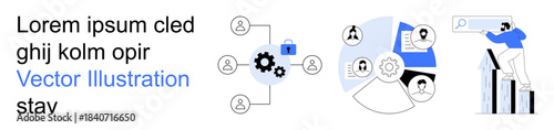 Business analytics, team collaboration, digital marketing, technology solutions, data reporting, process management. Diagram of network connections and data analytics chart. Business analytics