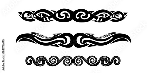 SEt maori arm band isolated graphic vector flat, vintage spiral decor