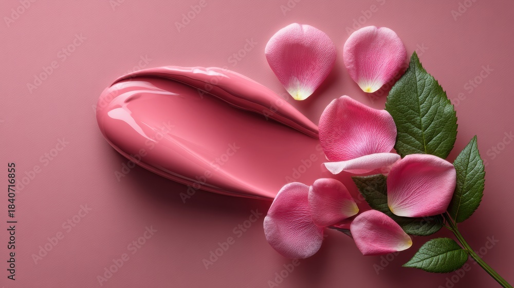 Fototapeta premium Creamy lip gloss with rose petals on soft pastel table