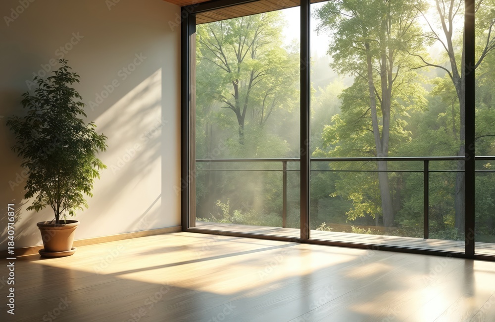 Fototapeta premium Minimalist room with large glass walls revealing rich forest outside. Morning sun casts geometric shadows across light wood floor. Single potted plant adds touch of green to serene, empty space.