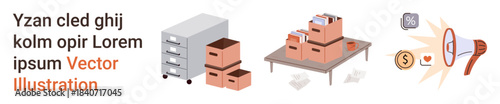 E-commerce, logistics, warehouse management, online sales, inventory organization, delivery services. Boxes on a table and shelf with icons. E-commerce and logistics concept