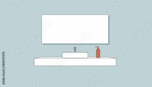 A minimalist bathroom equipped with a clean sink a large mirror and a single elegant soap dispenser on a white countertop.