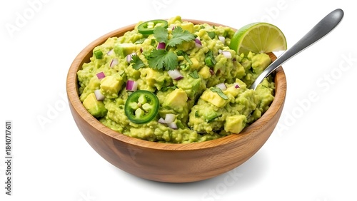 Guacamole bowl creamy texture, isolated on white background