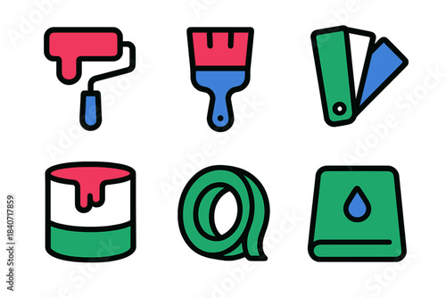 Colorful icons for home renovation, painting, and DIY tools and supplies