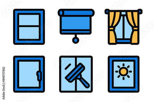 Window elements icons set showing glass pane, roller blind, curtains, and cleaning tools