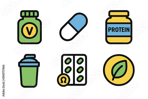 Health and fitness icons for nutritional supplements, protein powder, vitamins, and shaker bottle