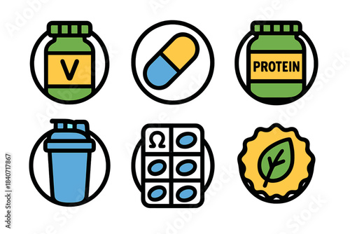 Colorful flat icons set of fitness supplements, protein powder, and vitamins