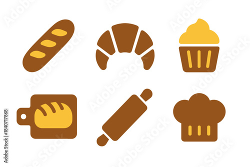 Essential bakery and baking process items including bread, croissant, cupcake, and chef hat