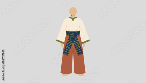 A traditional shirt paired with highwaisted trousers accentuated by handwoven sashes that signify personal identity within the cultural landscape.