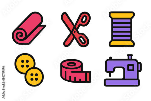 Sewing and tailoring tools including fabric, scissors, thread, and machine