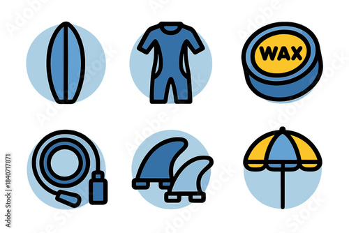 Essential surfing equipment and beach accessories including board, wetsuit, fins, and wax