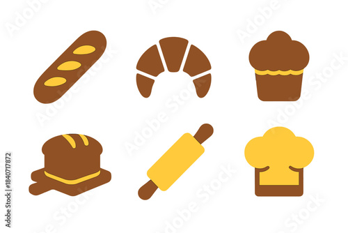 Simple graphic icons collection of baked goods and professional baking tools