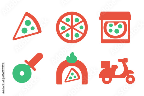 Minimalist icon set for pizza restaurant business including delivery scooter and oven