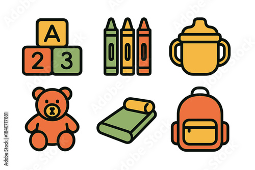 Colorful icons representing childhood, learning, and baby essentials like blocks, crayons, and a teddy bear