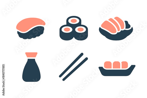 Minimalist icons of sushi, maki rolls, sashimi, soy sauce, and chopsticks