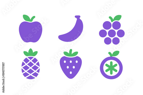 Simple purple and green tropical and common fruit symbols for healthy eating concepts