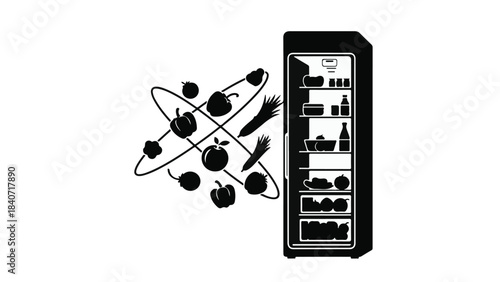 Black and white illustration of atom and computer server for science technology education and innovation concepts