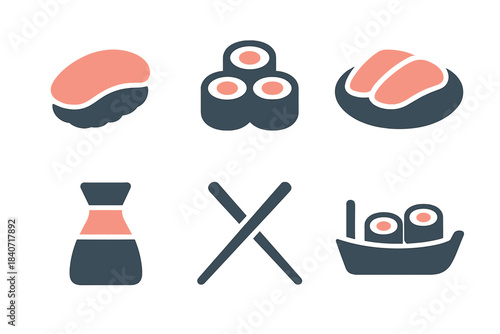 Japanese sushi and sashimi food icons set including nigiri maki rolls soy sauce and chopsticks