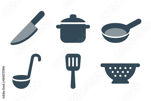 Set of essential kitchen tools and cookware symbols: knife, pot, pan, ladle, spatula, and colander