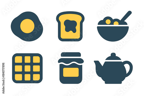Essential breakfast icons set featuring fried egg, toast, waffle, cereal, jam, and teapot