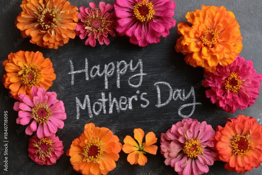Fototapeta Vibrant Floral Arrangement of Pink and Orange Zinnia Blooms Framed with Happy Mother's Day Message on Rustic Chalkboard