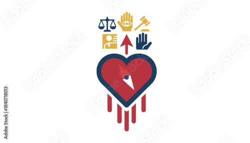 A heartshaped compass pointing toward various icons of justice reflecting the need for compassion and moral guidance in social movements.
