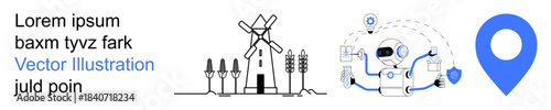 Agriculture, automation, navigation, renewable energy, modern technology, location services. windmill with wheat, AI system and location pin. Agriculture and automation concepts visually