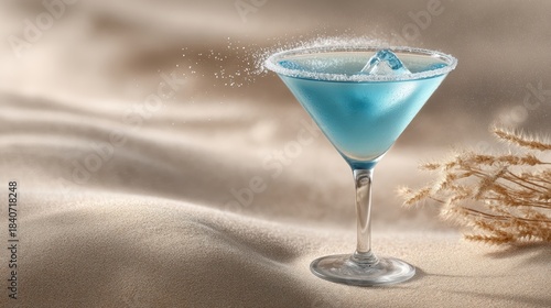 Icy blue martini on sand-toned surface with open right side