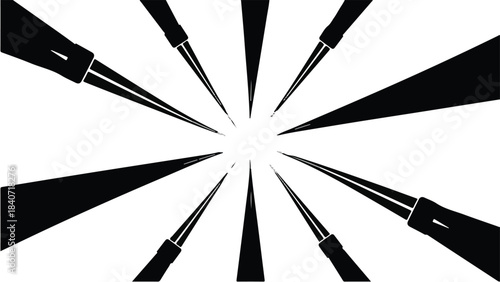 Creative artistic paintbrushes burst explosion radial pattern on white background for design inspiration and creative projects