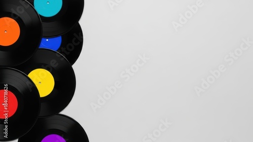 Colorful Vinyl Records Stacked on White Background