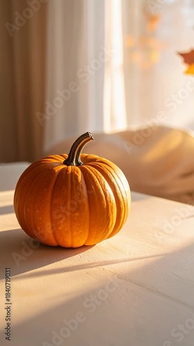 Pumpkin's Golden Glow: The image captures a solitary, perfectly formed pumpkin, basking in the warm glow of sunlight filtering through a window, evoking feelings of autumn tranquility.