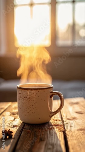 Warm Morning Brew: A steaming mug of coffee sits on a rustic wooden table, basking in the warm glow of the morning sun, evoking a sense of tranquility and comfort.