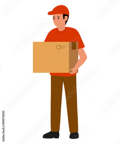 Delivery person or mailman in overalls wearing orange hat smiling and holding large brown cardboard box. Professions collection