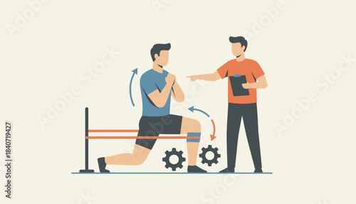 An illustration of a rehabilitation session where an injured athlete focuses on specific movement patterns to regain strength and prevent reinjury.