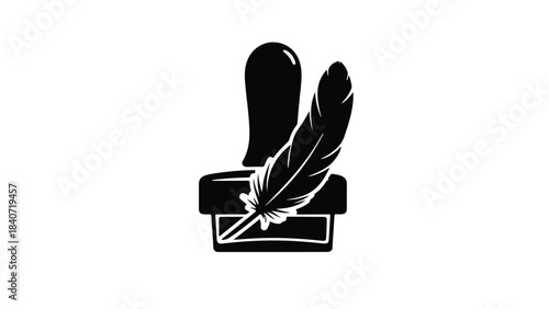 Vintage quill pen and inkwell on desk, writing instrument, black and white illustration, creative tool, artistic symbol