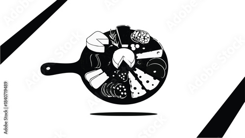 Black and white illustration of various foods on a frying pan, flat lay, culinary concept, foodie, kitchen, cooking, healthy eating, meal prep, recipe, food illustration