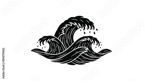Black wave ocean surf illustration on white background, stylized sea stormy weather graphic element