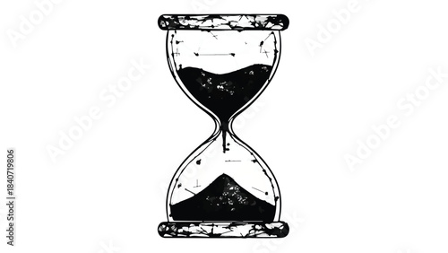 Vintage hourglass with sand timer on white background, symbolizing time, deadline, and urgency in a distressed illustration style