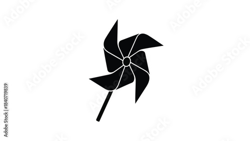Simple black pinwheel spinning toy icon on white background, isolated symbol for design and creative projects