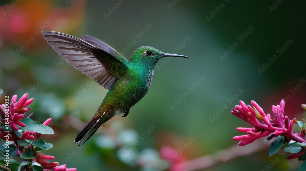 Naklejka premium Vibrant Green Hummingbird in Flight, Sipping Nectar from Colorful Flower in Nature's Wildlife Scene