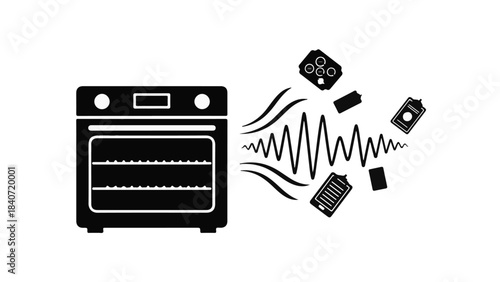 Black and white illustration of oven with electronics and devices flying out, symbolizing kitchen appliance malfunction or technology explosion