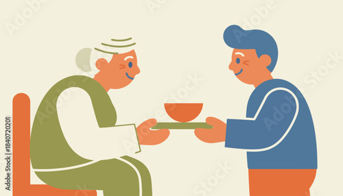 An elderly person receiving a meal from a friendly volunteer showcasing warmth and connection in their interaction.