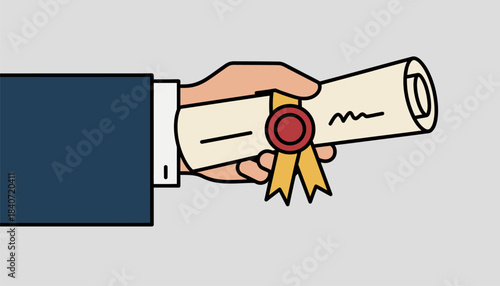 A closeup of a graduates hand holding their diploma showcasing intricate details like seals and signatures.