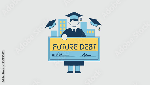 A student holding a large symbolic check made out to Future Debt capturing the paradox of funding education for future success while incurring loans.