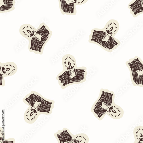 Religious prayer candle seamless vector pattern. Christian home decor background for sunday school bible study. Reflection lit candle all over print. 