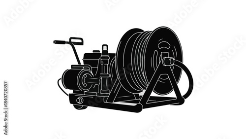 Industrial hose reel on mobile cart with handle, heavy duty cable spool for commercial use, industrial equipment for plumbing, construction, or manufacturing